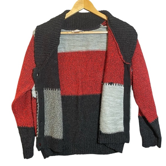 Allison Daley‎ Patchwork Cardigan XL Red Black Gray Acrylic Wool Blend - Picture 5 of 12